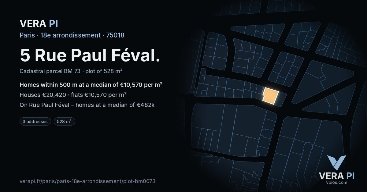 5 Rue Paul Féval, 18e arrondissement at night – the plot lit, the parcels around coloured by the prices near them