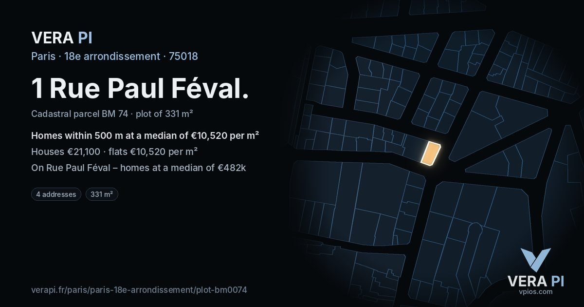 1 Rue Paul Féval, 18e arrondissement at night – the plot lit, the parcels around coloured by the prices near them