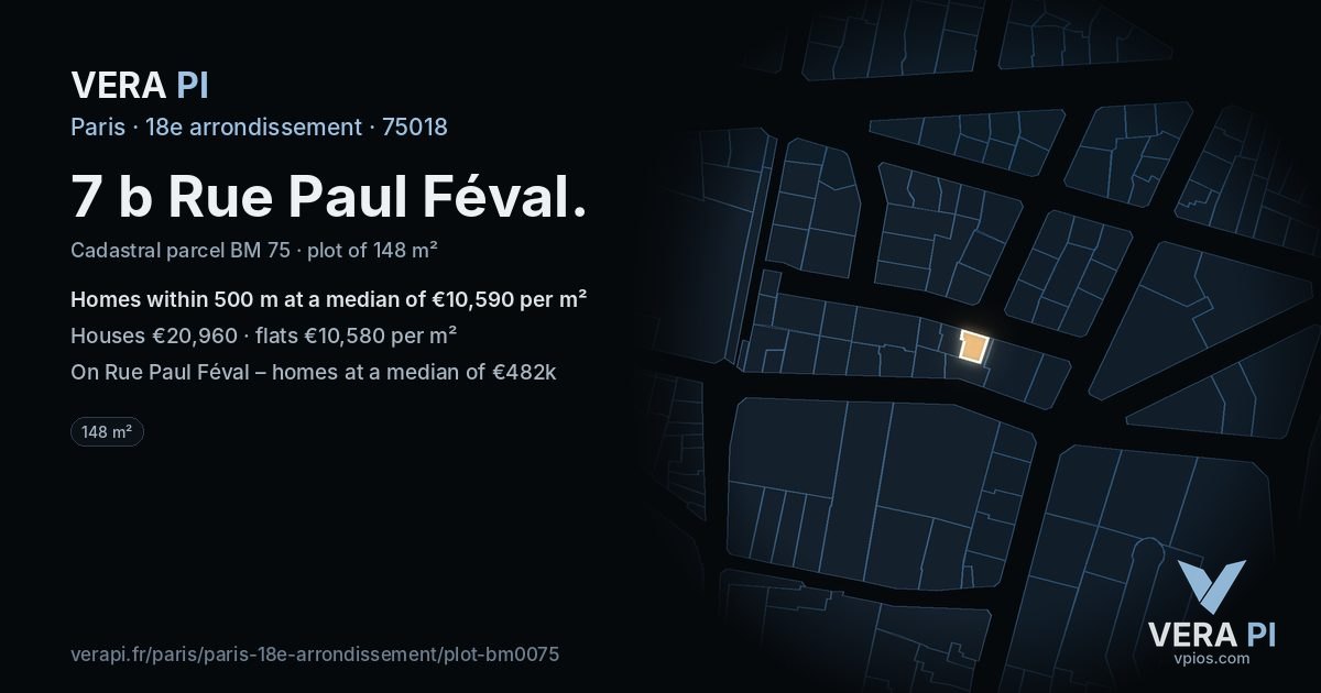 7 b Rue Paul Féval, 18e arrondissement at night – the plot lit, the parcels around coloured by the prices near them