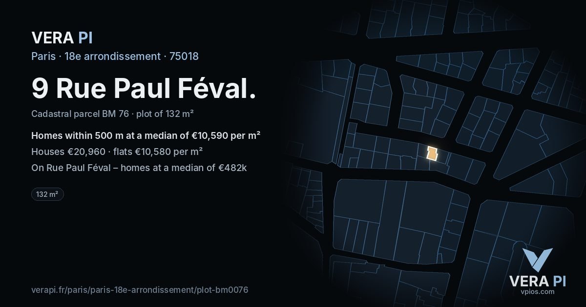 9 Rue Paul Féval, 18e arrondissement at night – the plot lit, the parcels around coloured by the prices near them