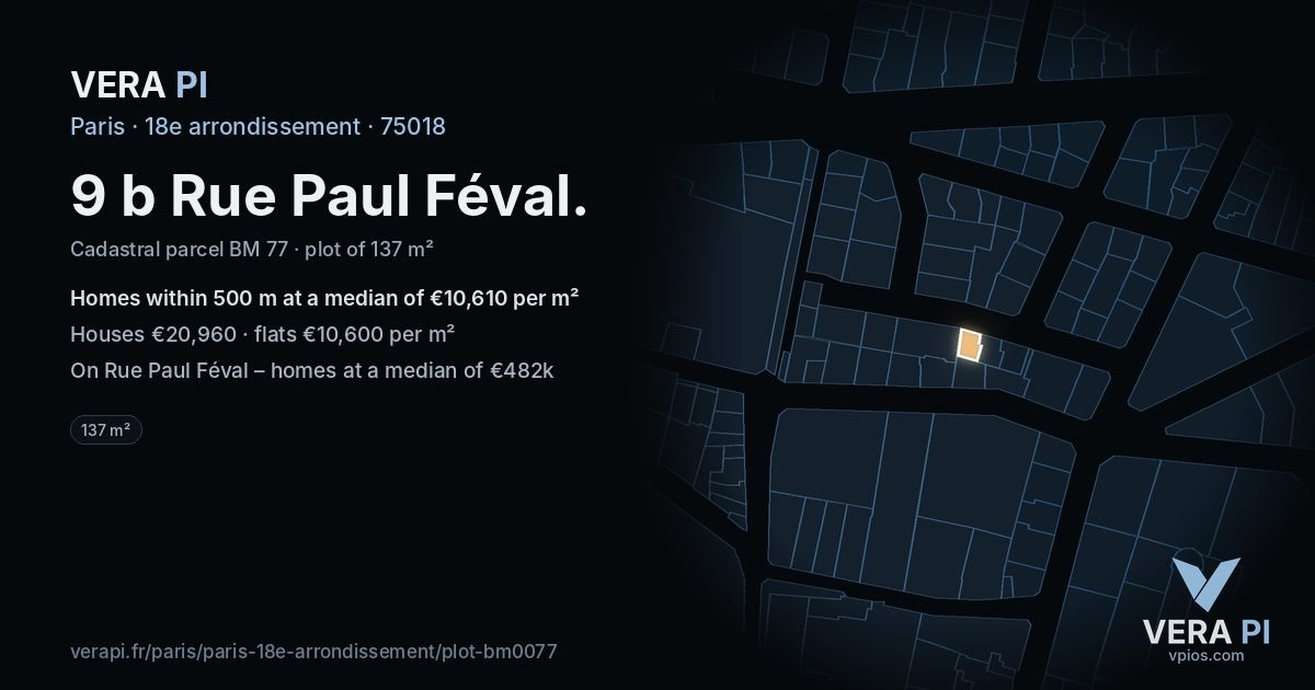 9 b Rue Paul Féval, 18e arrondissement at night – the plot lit, the parcels around coloured by the prices near them