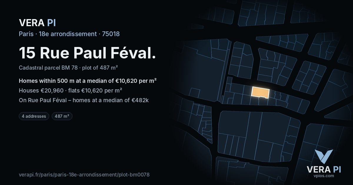 15 Rue Paul Féval, 18e arrondissement at night – the plot lit, the parcels around coloured by the prices near them