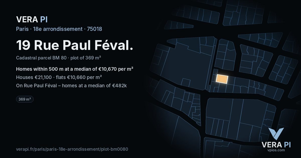 19 Rue Paul Féval, 18e arrondissement at night – the plot lit, the parcels around coloured by the prices near them