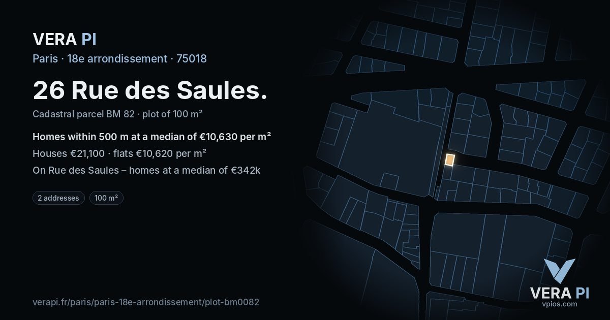 26 Rue des Saules, 18e arrondissement at night – the plot lit, the parcels around coloured by the prices near them