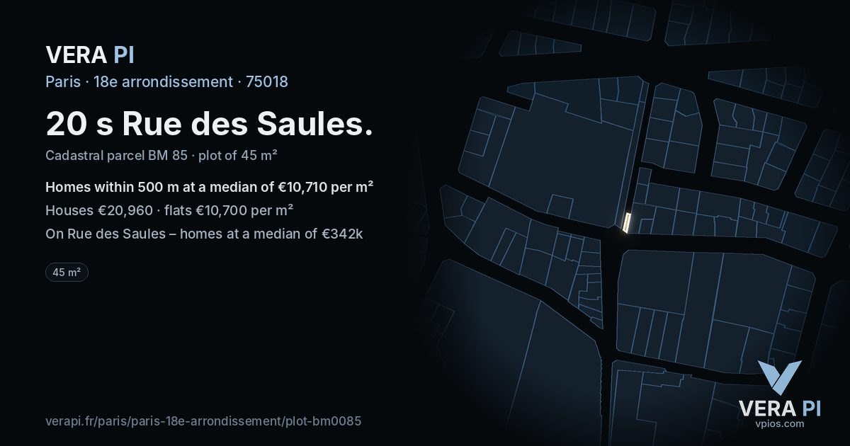 20 s Rue des Saules, 18e arrondissement at night – the plot lit, the parcels around coloured by the prices near them