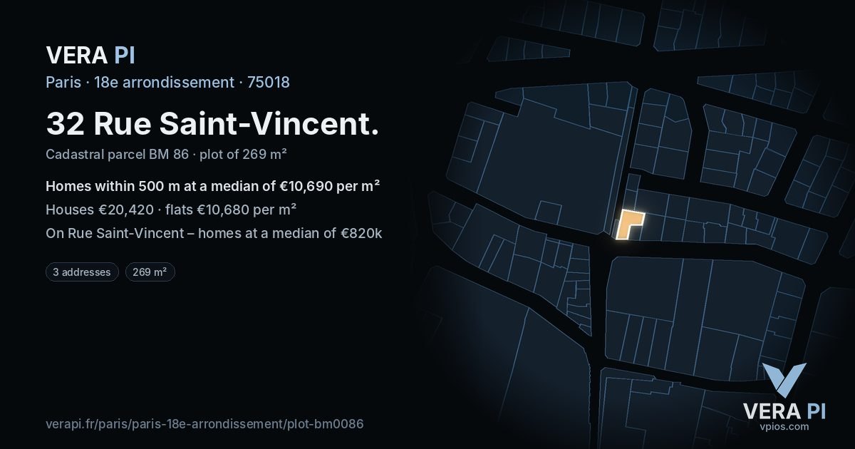 32 Rue Saint-Vincent, 18e arrondissement at night – the plot lit, the parcels around coloured by the prices near them