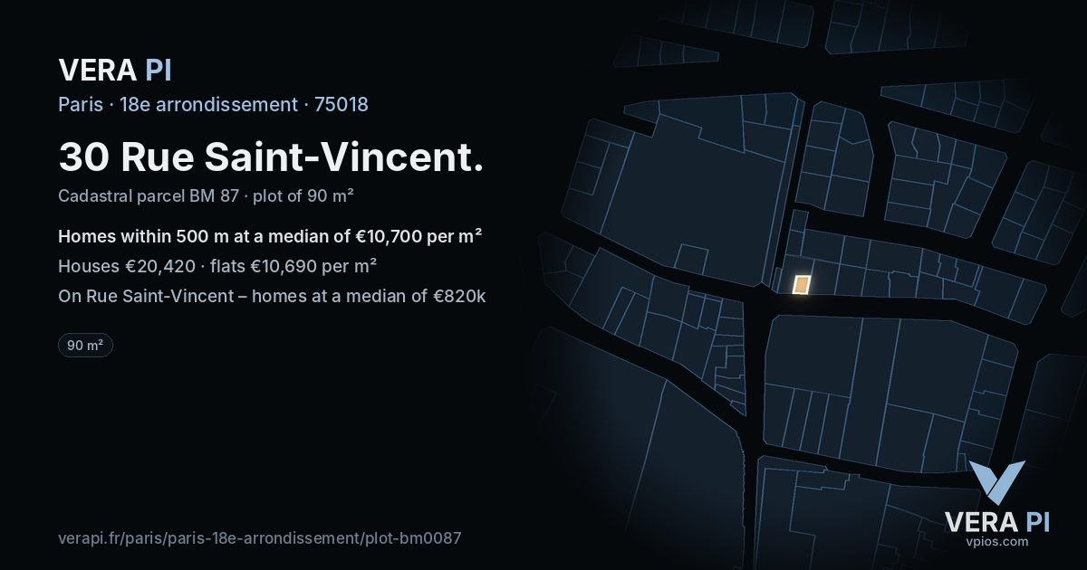 30 Rue Saint-Vincent, 18e arrondissement at night – the plot lit, the parcels around coloured by the prices near them