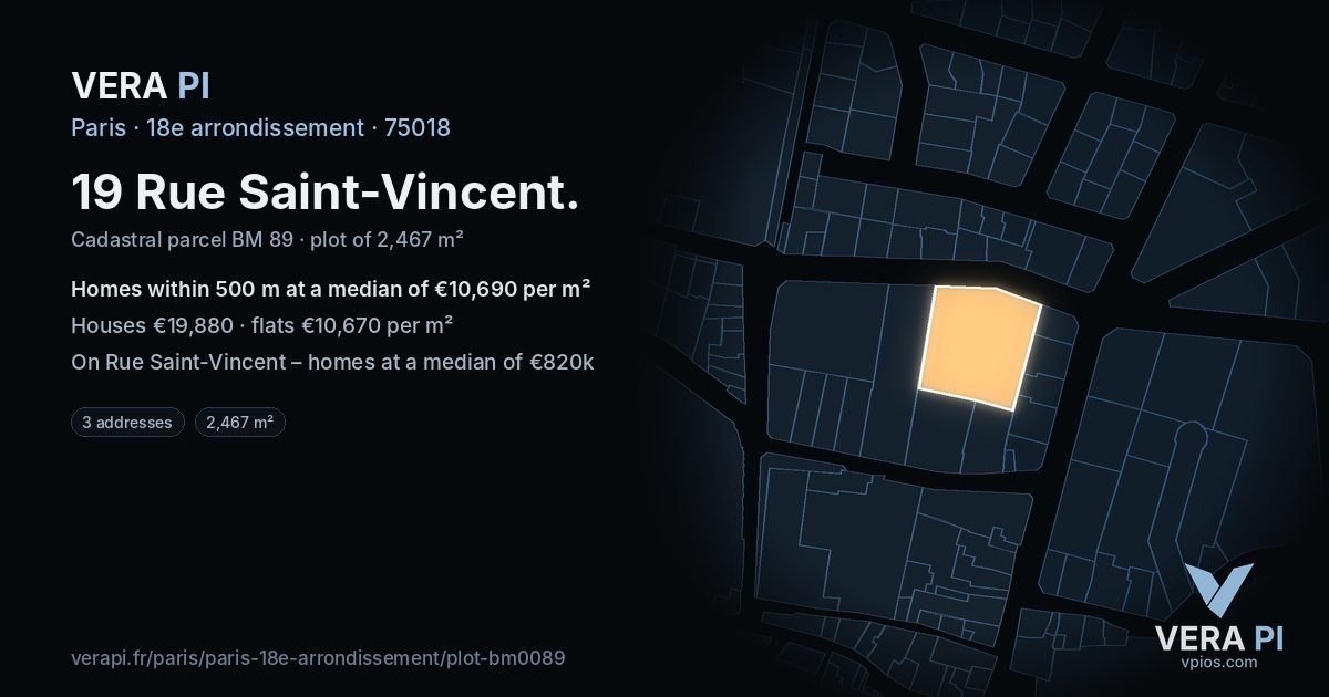 19 Rue Saint-Vincent, 18e arrondissement at night – the plot lit, the parcels around coloured by the prices near them
