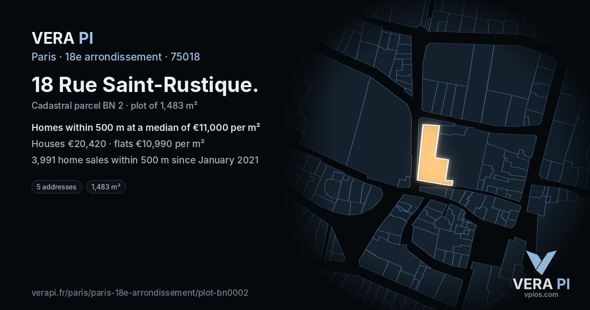 18 Rue Saint-Rustique, 18e arrondissement at night – the plot lit, the parcels around coloured by the prices near them