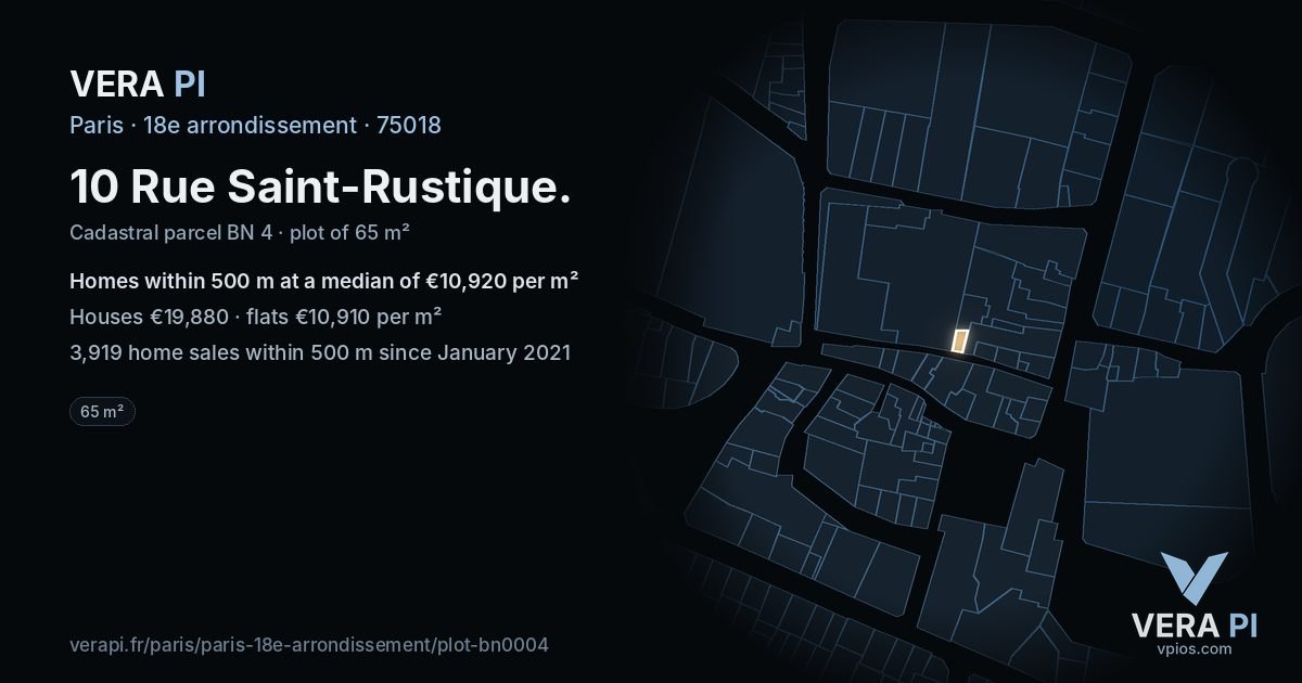 10 Rue Saint-Rustique, 18e arrondissement at night – the plot lit, the parcels around coloured by the prices near them