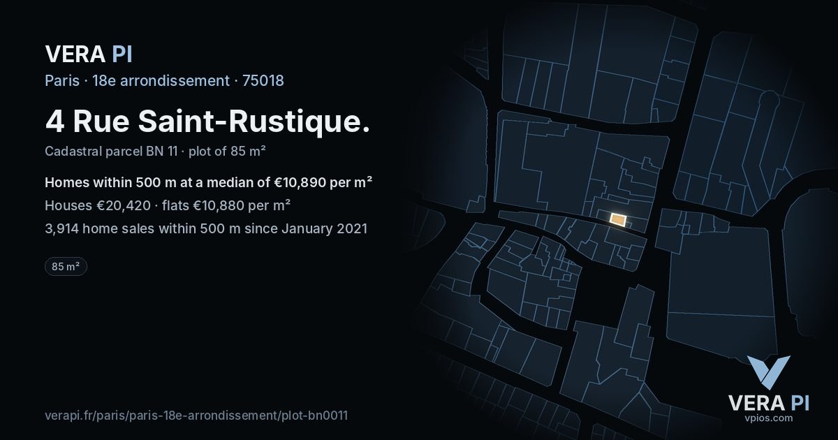 4 Rue Saint-Rustique, 18e arrondissement at night – the plot lit, the parcels around coloured by the prices near them