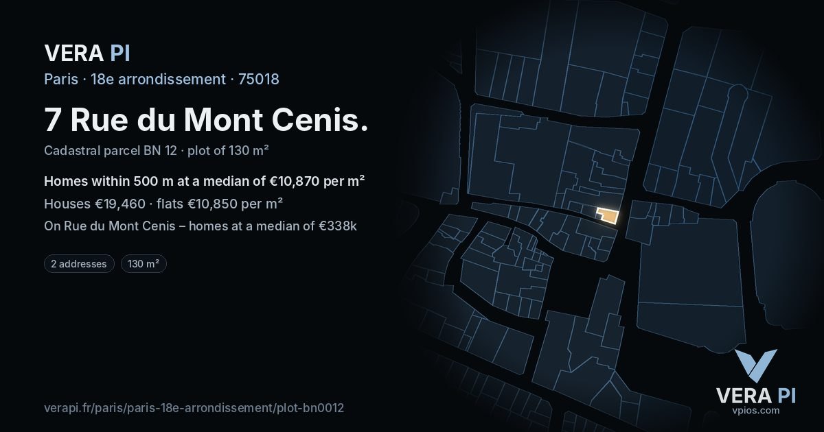 7 Rue du Mont Cenis, 18e arrondissement at night – the plot lit, the parcels around coloured by the prices near them