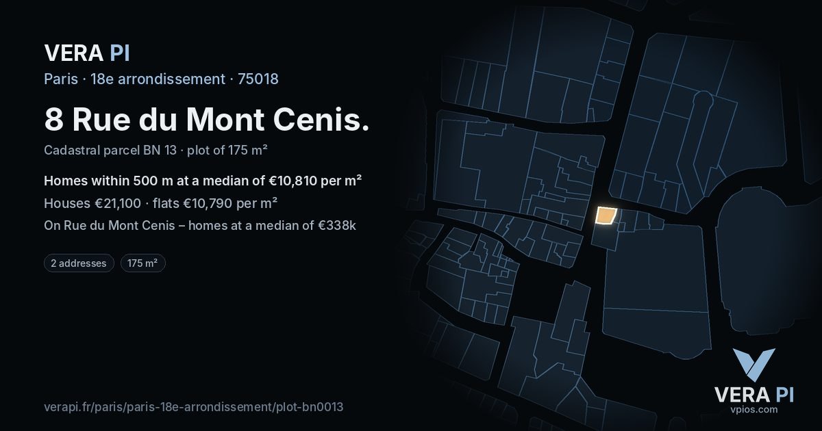 8 Rue du Mont Cenis, 18e arrondissement at night – the plot lit, the parcels around coloured by the prices near them