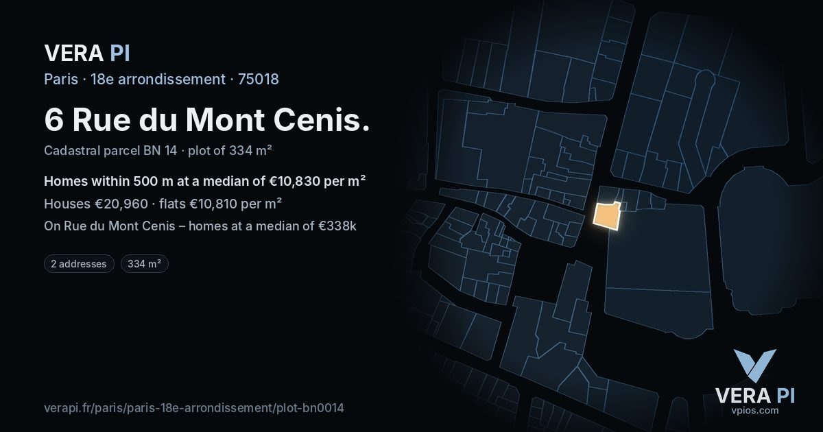 6 Rue du Mont Cenis, 18e arrondissement at night – the plot lit, the parcels around coloured by the prices near them