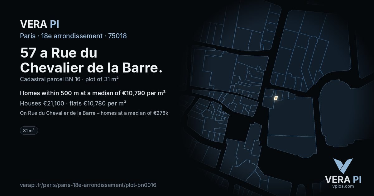 57 a Rue du Chevalier de la Barre, 18e arrondissement at night – the plot lit, the parcels around coloured by the prices near them