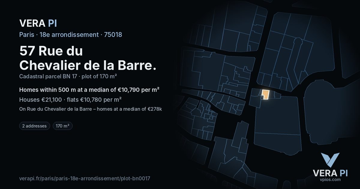 57 Rue du Chevalier de la Barre, 18e arrondissement at night – the plot lit, the parcels around coloured by the prices near them