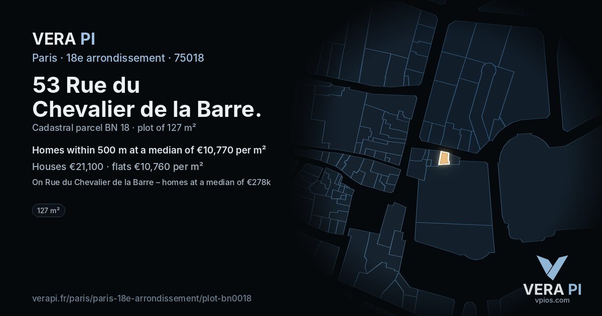 53 Rue du Chevalier de la Barre, 18e arrondissement at night – the plot lit, the parcels around coloured by the prices near them