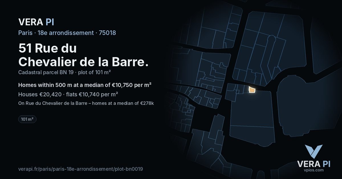 51 Rue du Chevalier de la Barre, 18e arrondissement at night – the plot lit, the parcels around coloured by the prices near them