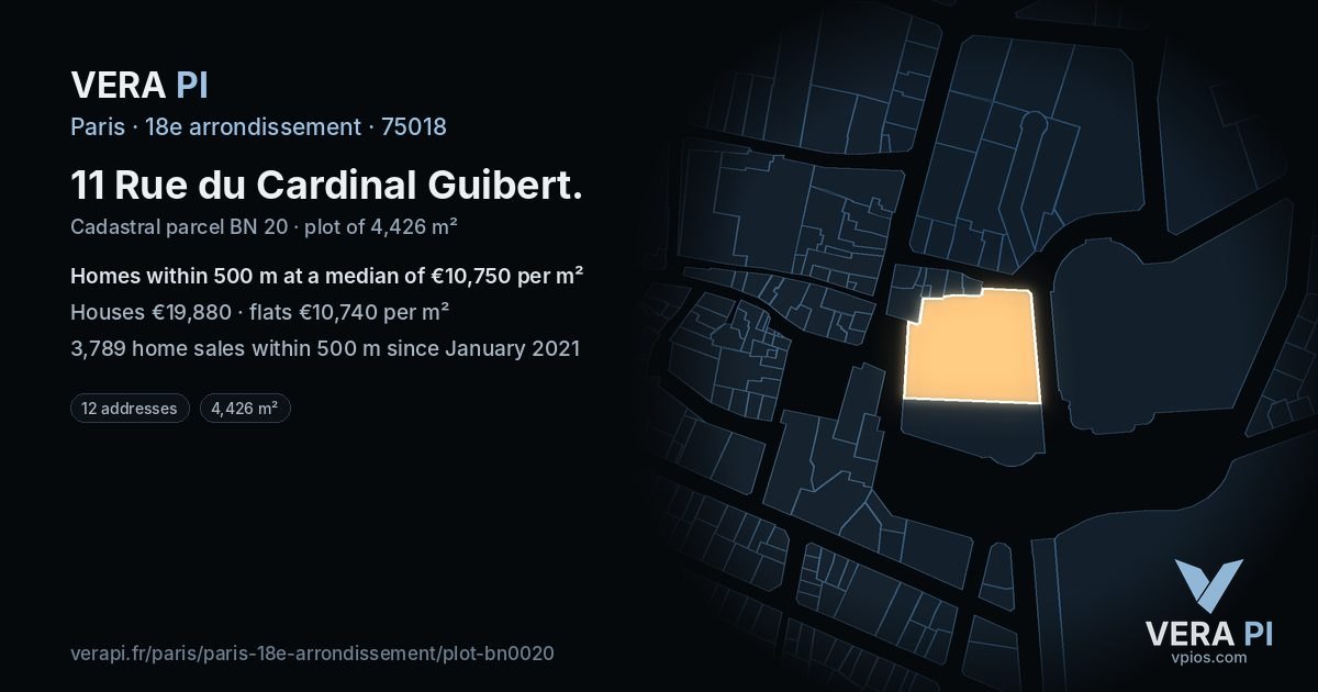 11 Rue du Cardinal Guibert, 18e arrondissement at night – the plot lit, the parcels around coloured by the prices near them