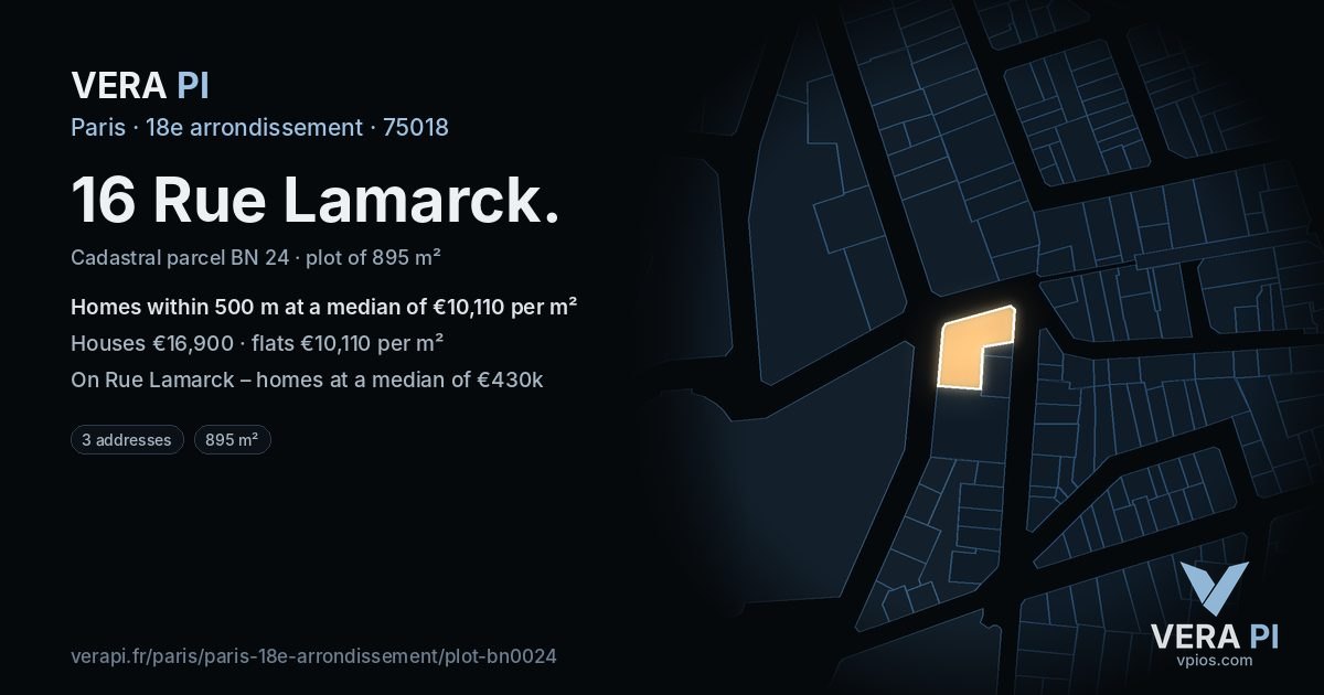 16 Rue Lamarck, 18e arrondissement at night – the plot lit, the parcels around coloured by the prices near them