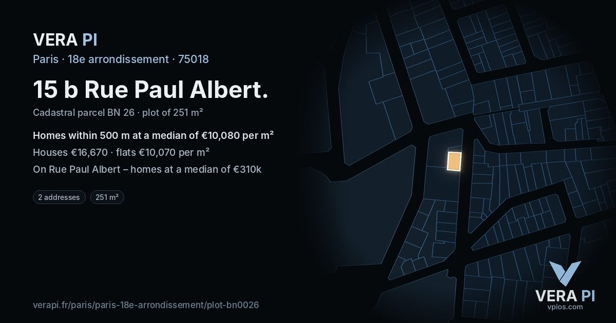 15 b Rue Paul Albert, 18e arrondissement at night – the plot lit, the parcels around coloured by the prices near them