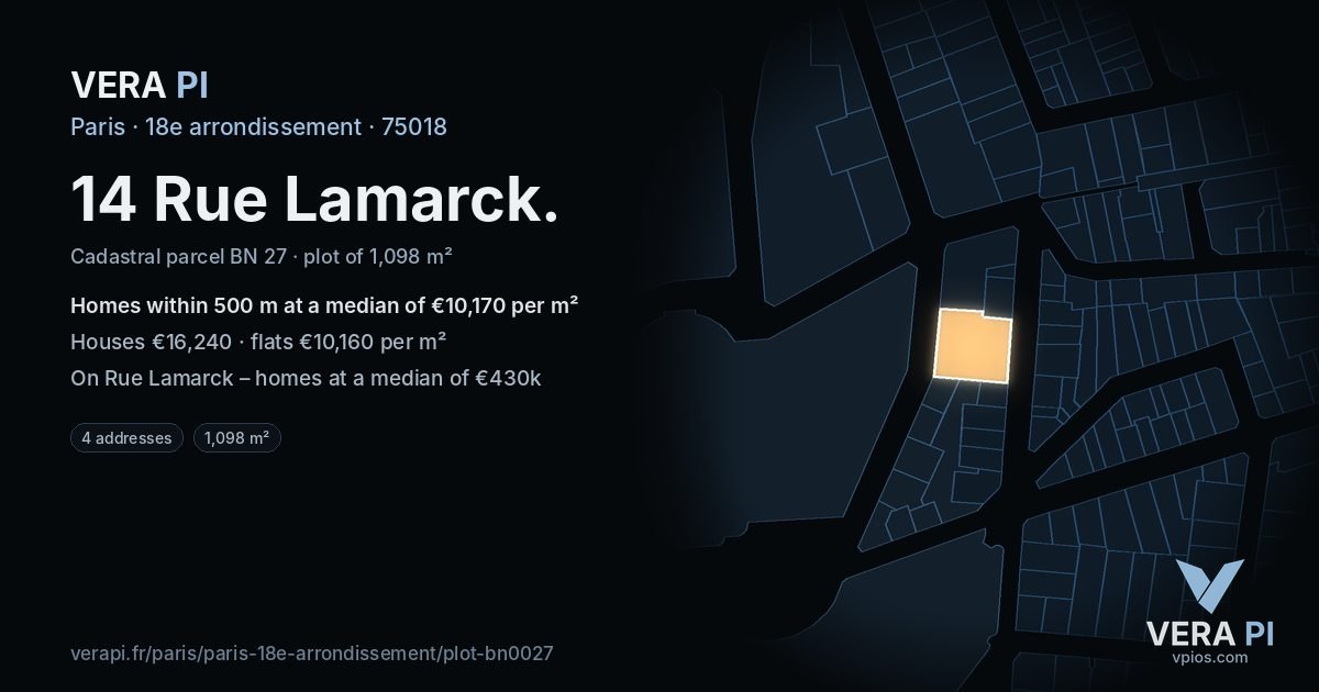 14 Rue Lamarck, 18e arrondissement at night – the plot lit, the parcels around coloured by the prices near them