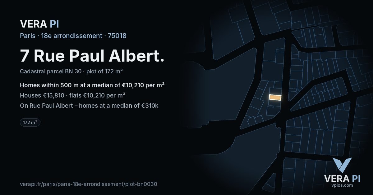 7 Rue Paul Albert, 18e arrondissement at night – the plot lit, the parcels around coloured by the prices near them