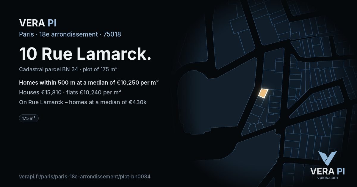 10 Rue Lamarck, 18e arrondissement at night – the plot lit, the parcels around coloured by the prices near them