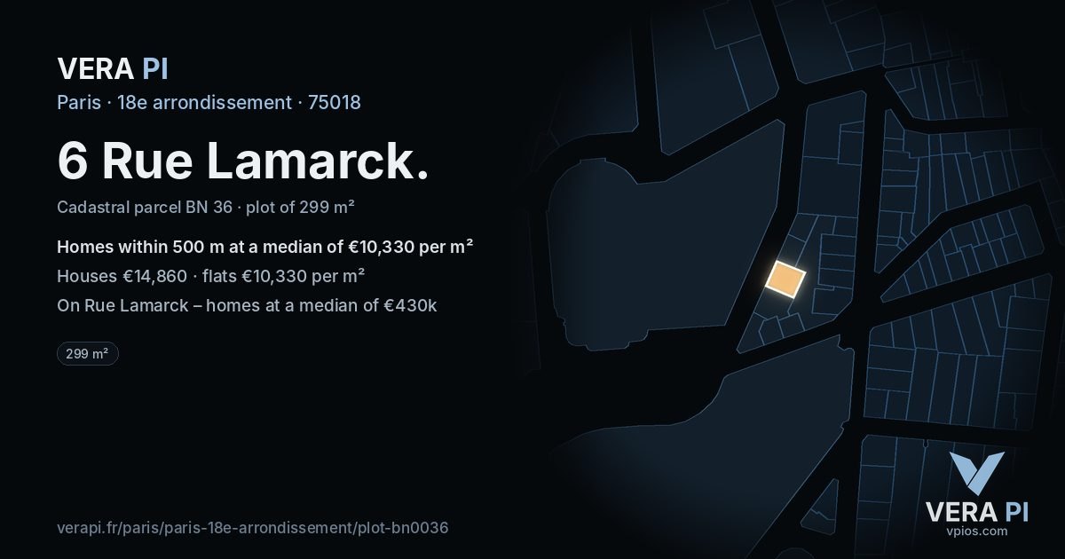 6 Rue Lamarck, 18e arrondissement at night – the plot lit, the parcels around coloured by the prices near them