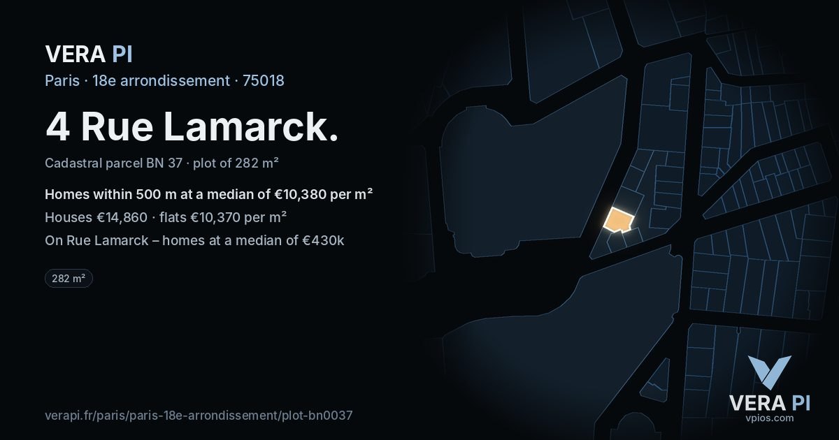 4 Rue Lamarck, 18e arrondissement at night – the plot lit, the parcels around coloured by the prices near them