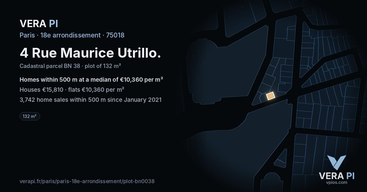 4 Rue Maurice Utrillo, 18e arrondissement at night – the plot lit, the parcels around coloured by the prices near them