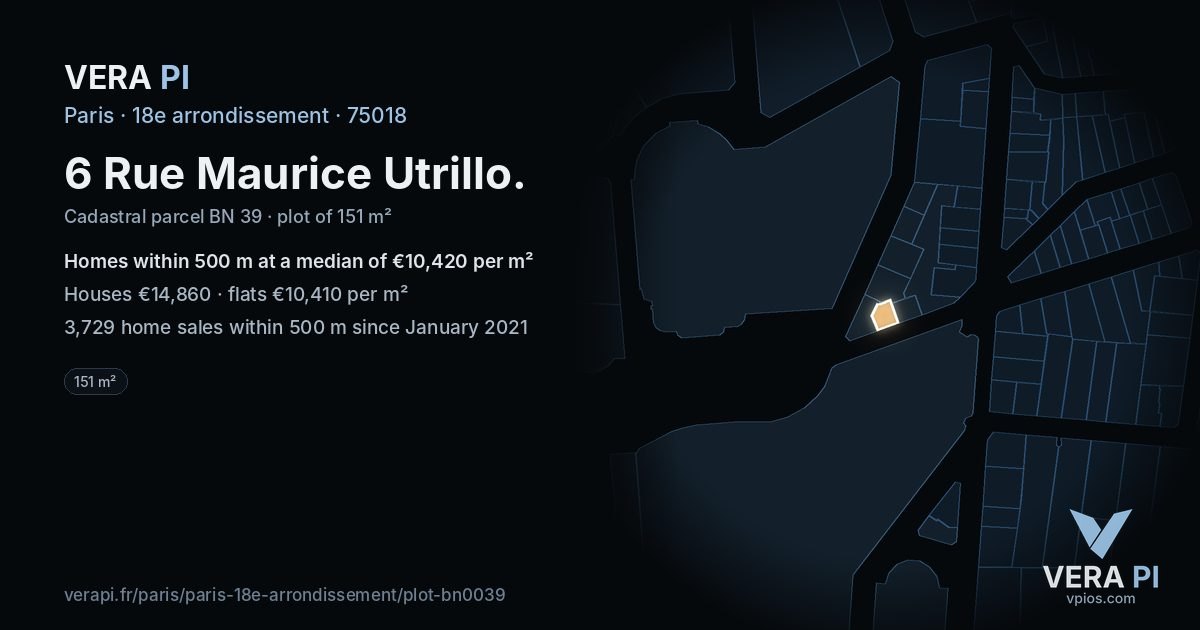 6 Rue Maurice Utrillo, 18e arrondissement at night – the plot lit, the parcels around coloured by the prices near them