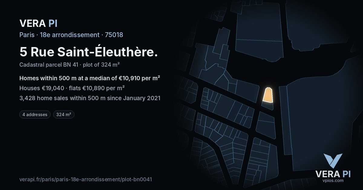 5 Rue Saint-Éleuthère, 18e arrondissement at night – the plot lit, the parcels around coloured by the prices near them