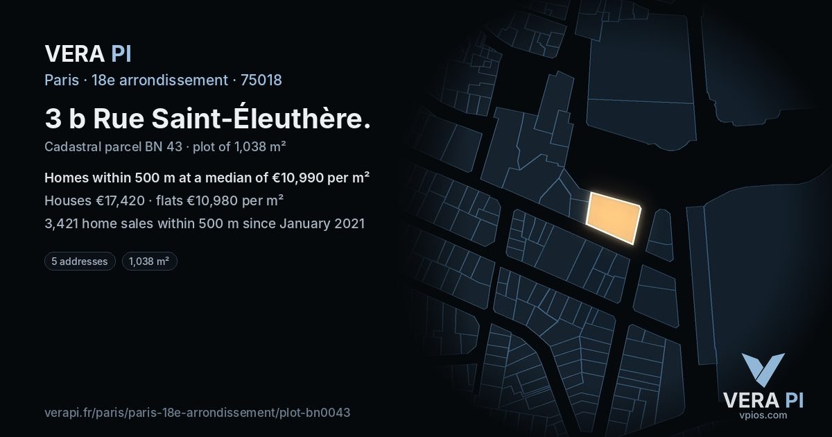 3 b Rue Saint-Éleuthère, 18e arrondissement at night – the plot lit, the parcels around coloured by the prices near them