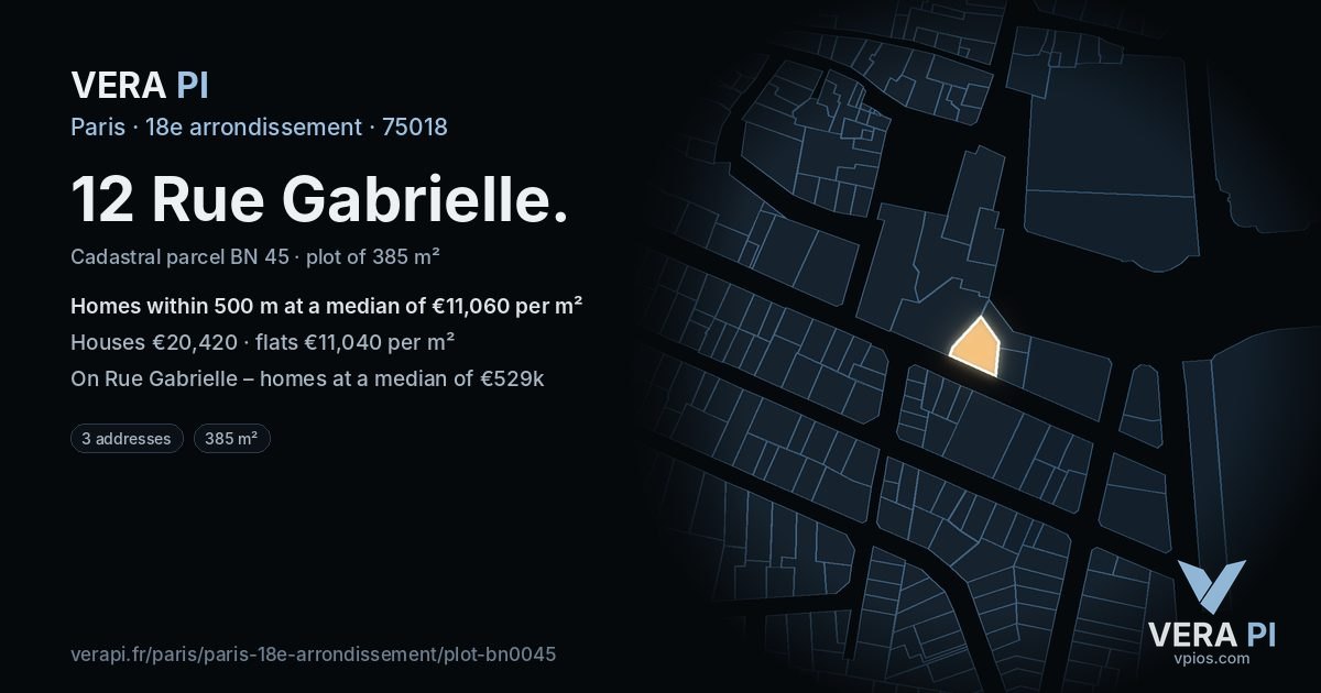 12 Rue Gabrielle, 18e arrondissement at night – the plot lit, the parcels around coloured by the prices near them