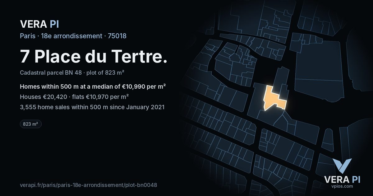 7 Place du Tertre, 18e arrondissement at night – the plot lit, the parcels around coloured by the prices near them