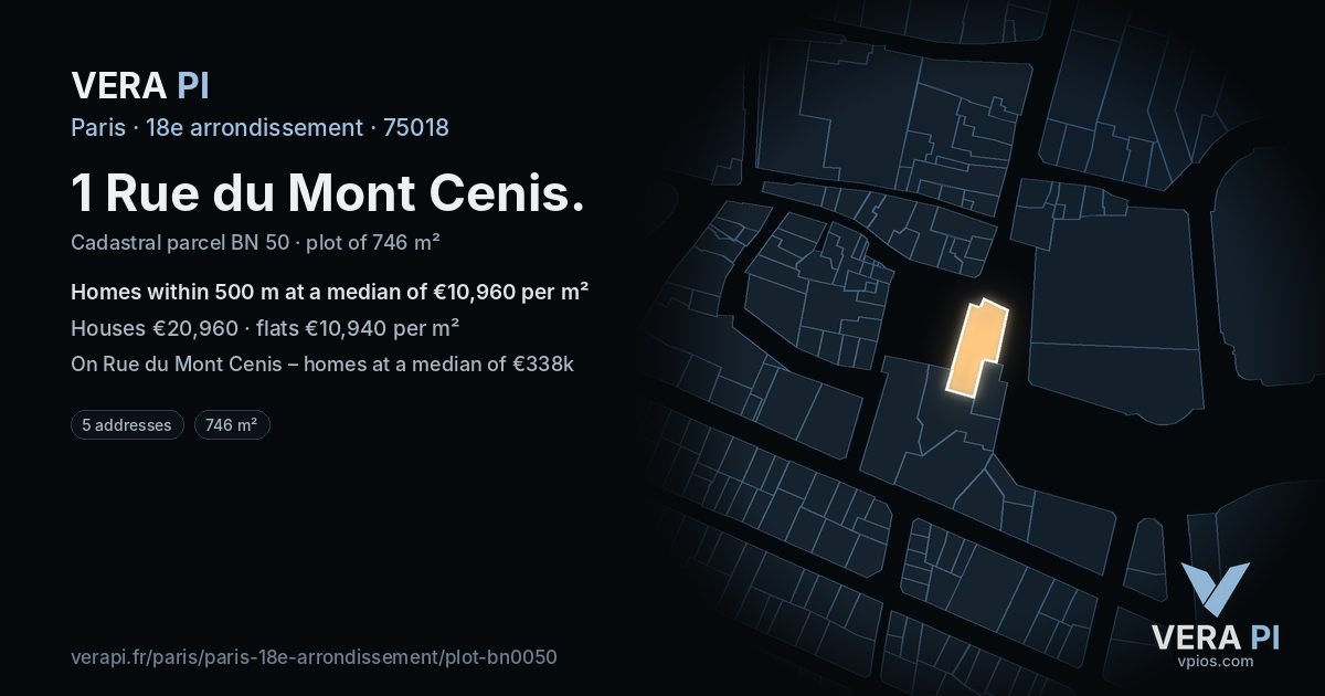 1 Rue du Mont Cenis, 18e arrondissement at night – the plot lit, the parcels around coloured by the prices near them