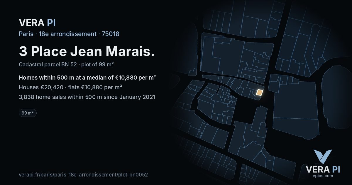 3 Place Jean Marais, 18e arrondissement at night – the plot lit, the parcels around coloured by the prices near them