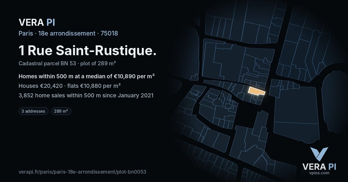1 Rue Saint-Rustique, 18e arrondissement at night – the plot lit, the parcels around coloured by the prices near them