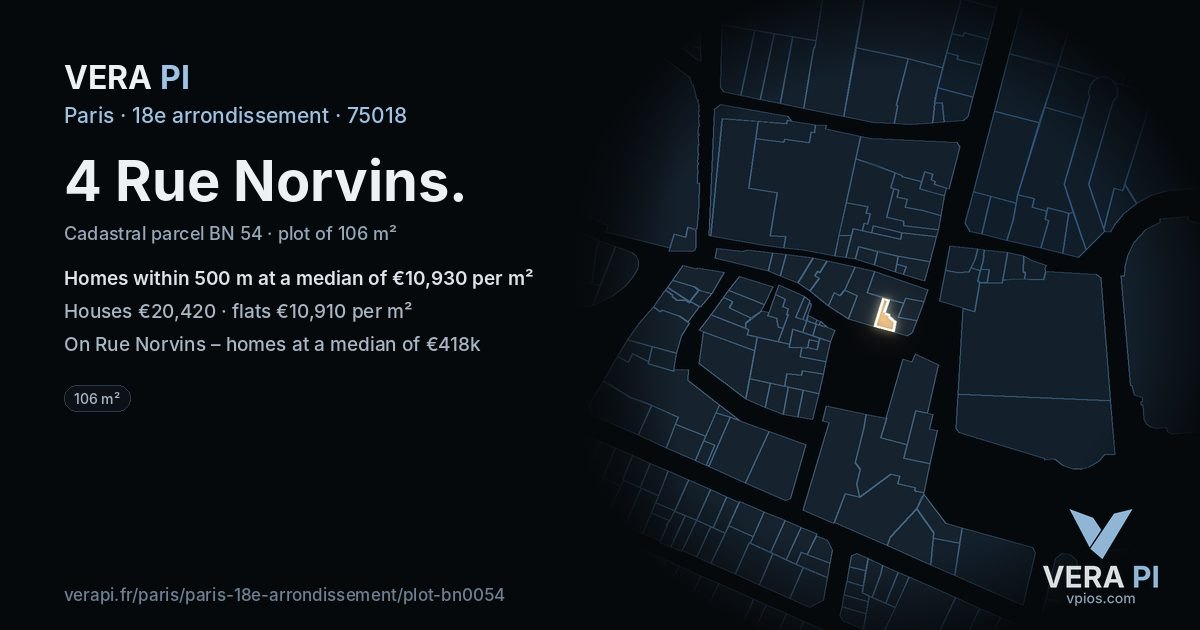 4 Rue Norvins, 18e arrondissement at night – the plot lit, the parcels around coloured by the prices near them