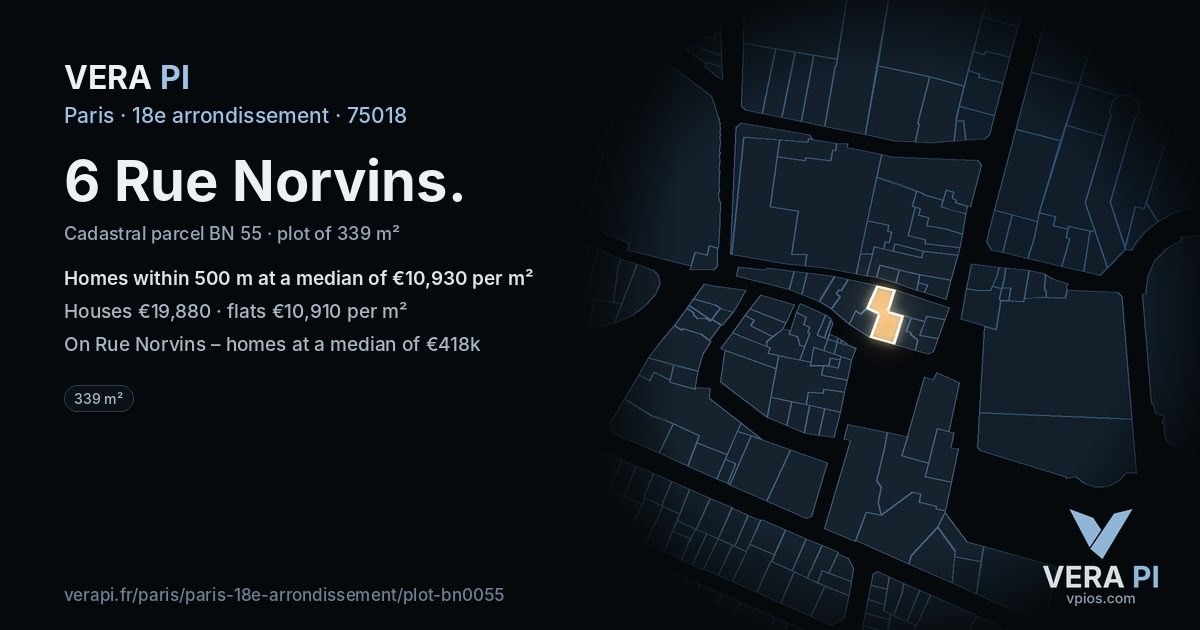 6 Rue Norvins, 18e arrondissement at night – the plot lit, the parcels around coloured by the prices near them