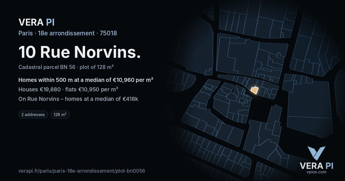10 Rue Norvins, 18e arrondissement at night – the plot lit, the parcels around coloured by the prices near them