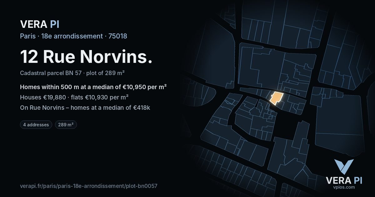 12 Rue Norvins, 18e arrondissement at night – the plot lit, the parcels around coloured by the prices near them