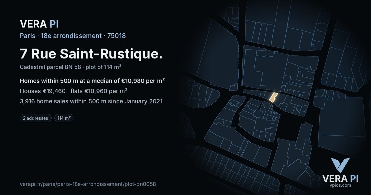 7 Rue Saint-Rustique, 18e arrondissement at night – the plot lit, the parcels around coloured by the prices near them
