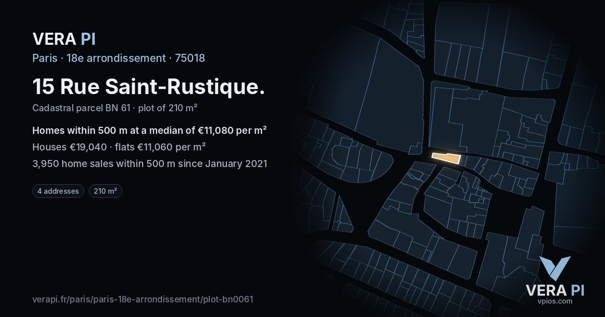 15 Rue Saint-Rustique, 18e arrondissement at night – the plot lit, the parcels around coloured by the prices near them