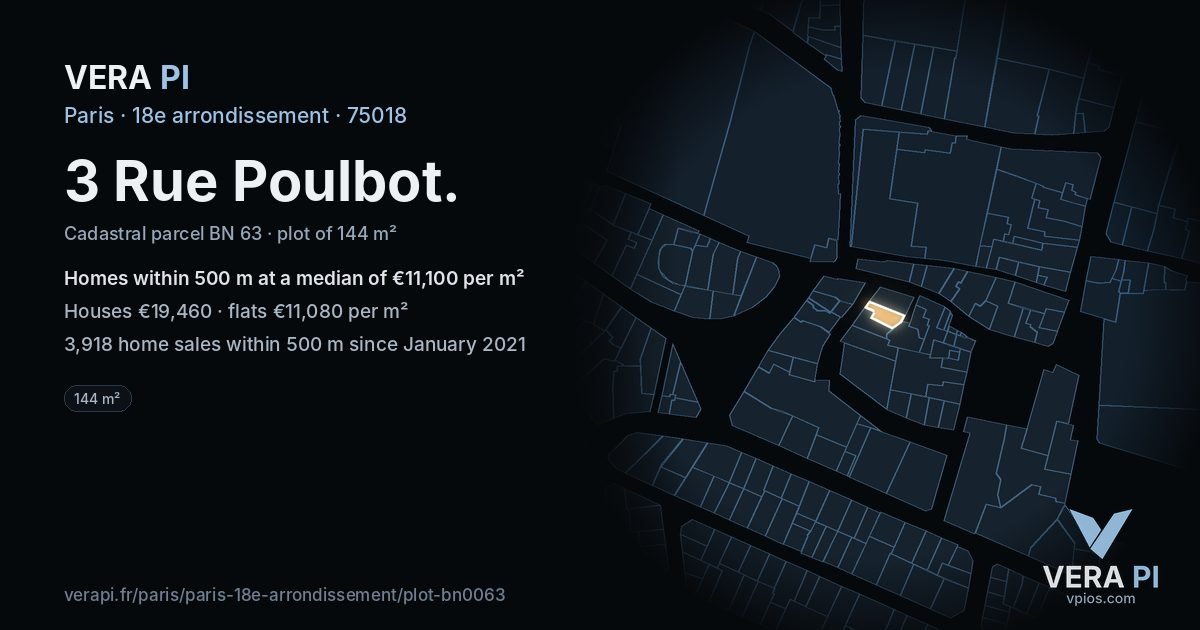 3 Rue Poulbot, 18e arrondissement at night – the plot lit, the parcels around coloured by the prices near them