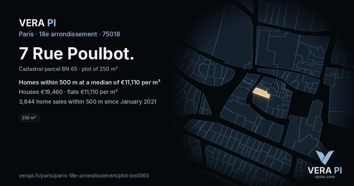 7 Rue Poulbot, 18e arrondissement at night – the plot lit, the parcels around coloured by the prices near them