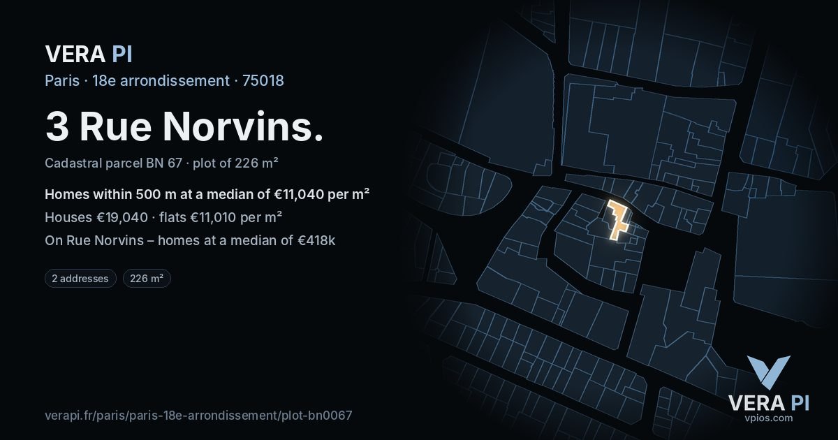 3 Rue Norvins, 18e arrondissement at night – the plot lit, the parcels around coloured by the prices near them