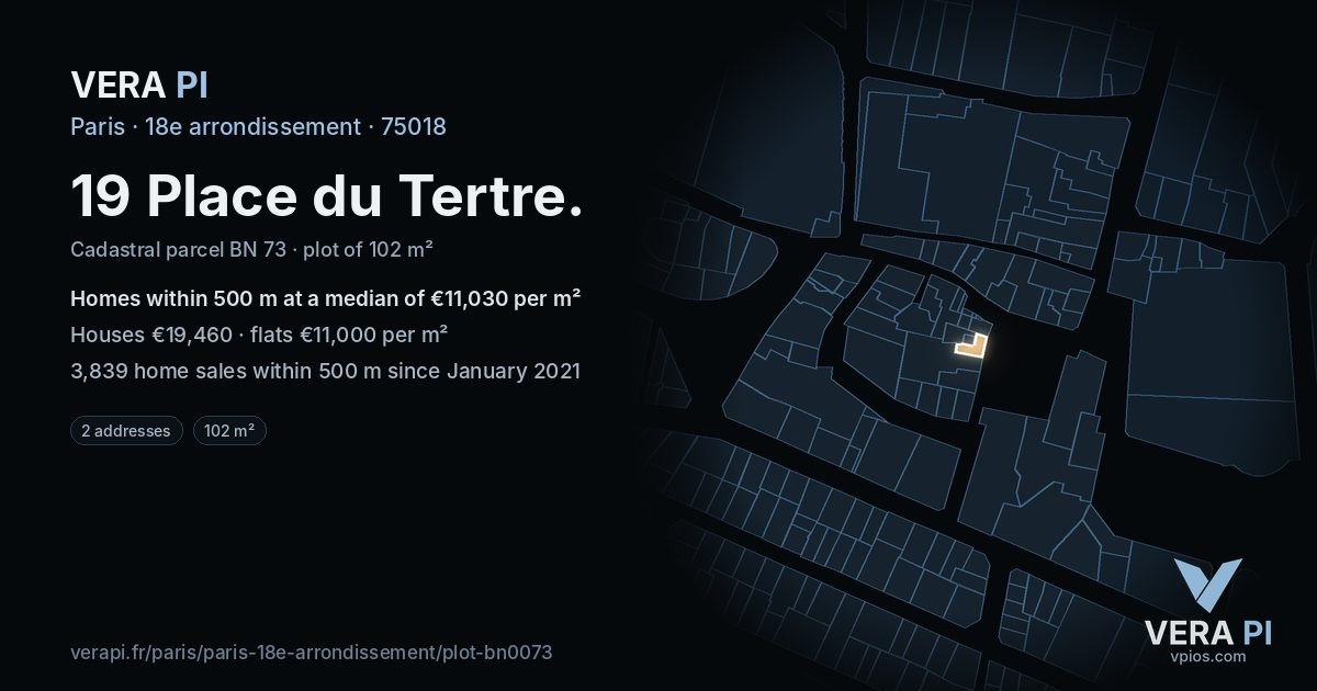 19 Place du Tertre, 18e arrondissement at night – the plot lit, the parcels around coloured by the prices near them