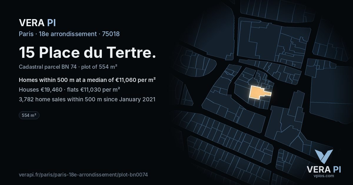 15 Place du Tertre, 18e arrondissement at night – the plot lit, the parcels around coloured by the prices near them